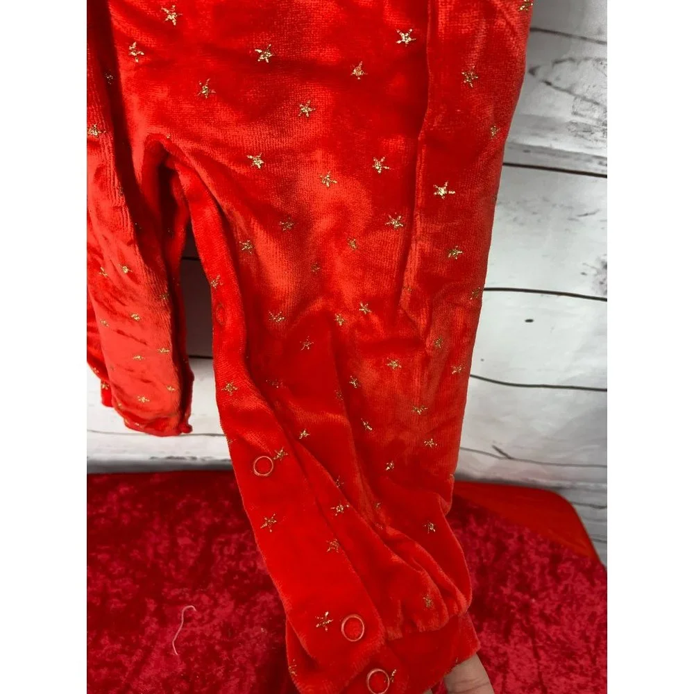 Little Me‎ Vintage Red Velvet Gold Christmas One Piece Button Bottom Size 24 Mo